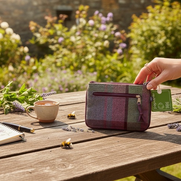 Adorable Earth Square Bee and Thistle Zip Top Pouch in a purple and gray print - Picture 2 of 3